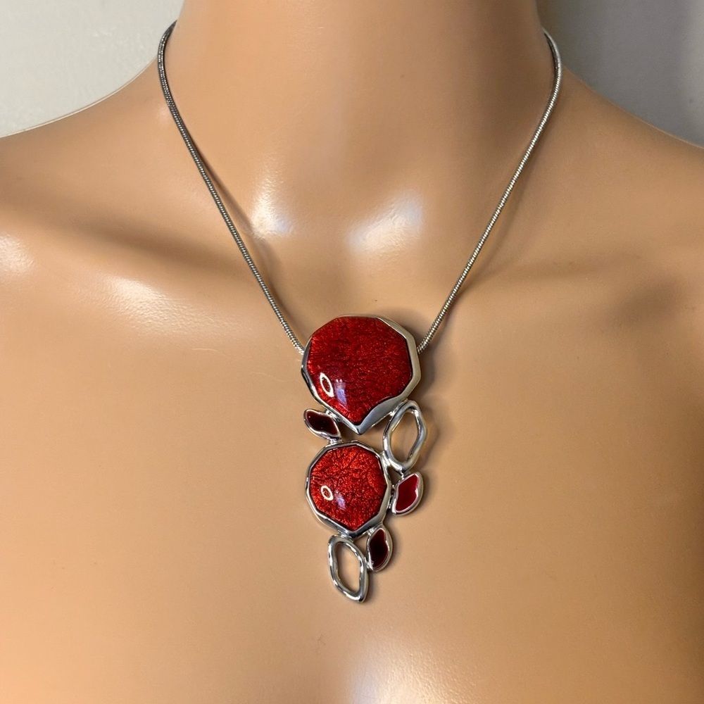 SPOUTNIK Statement Red & Silver Modernist Necklace - Picture 2 of 13